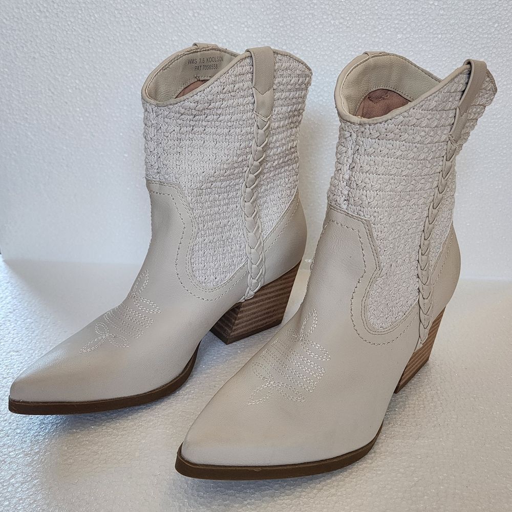 Dolce Vita Koolson Cream Braided Western Ankle Boots with Stacked Heel - Picture 3 of 12